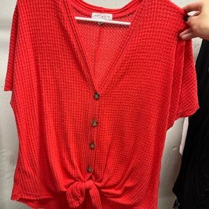 Red crop tie waffle shirt